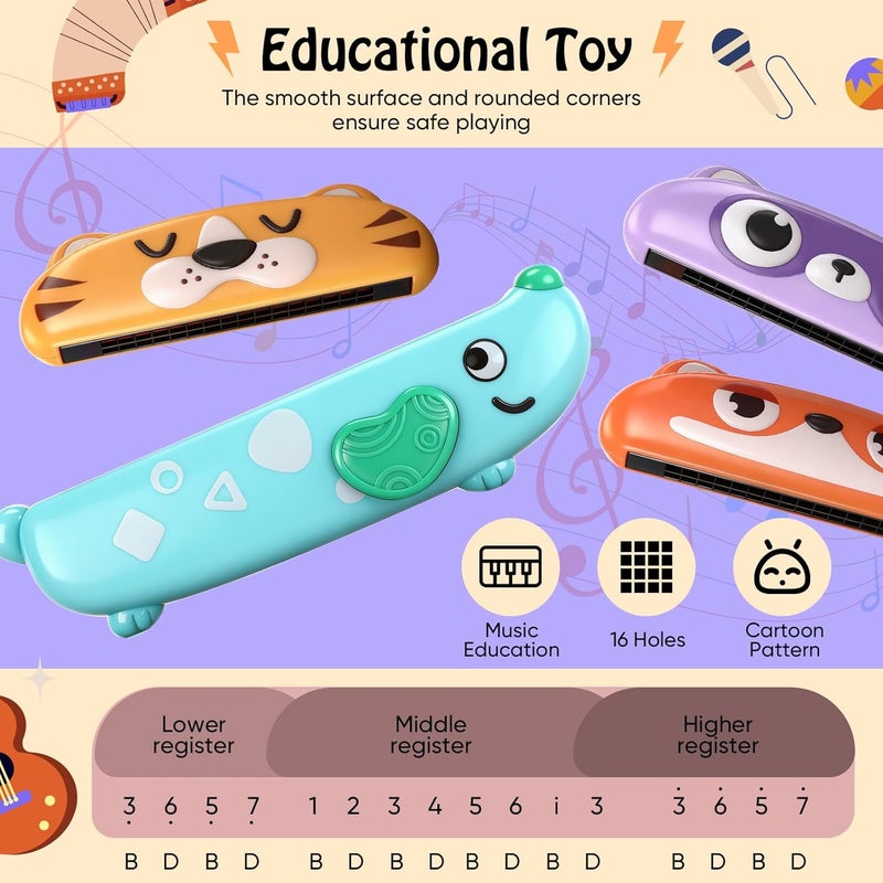 Lukmaa 4 Pcs Harmonica for Kids Beginners Toddler Musical Instruments Toys 16 Hole Harmonica Easy to Learn C Key Cute Dog Tiger Fox Raccoon Mouth Organ Set Educational Toys for Baby Over 3 Years Old - Image 5